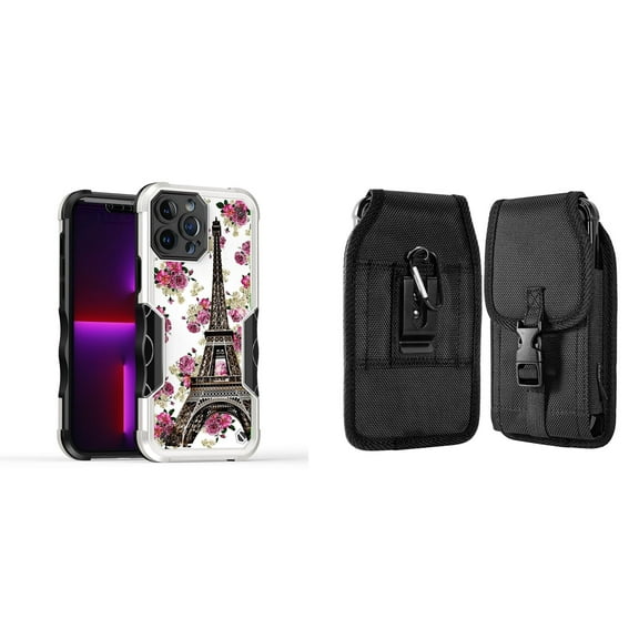 Case and Pouch Bundle for iPhone 14 Pro Max: Heavy Duty Armor Rugged Case (Eiffel Tower Flowers) and Vertical Nylon Buckle Belt Holster