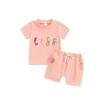 thumbnail image 2 of Aojekbee Baby Girl 2Pcs Summer Outfits Short Sleeve Letter Embroidery Tops + Elastic Waist Shorts Set Infant Clothes, 2 of 10