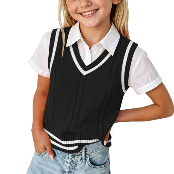 Dagugfen Sweaters for Girls Boys Sleeveless V Neck Tank Tops Knitting Cotton Color Blocked Casual School Wear Sweaters(13-14 Years,Black)