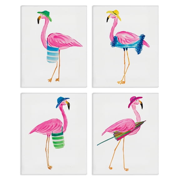 Stupell Industries Fun Beach Flamingos Nautical & Beach Painting Wrapped Canvas Art Print Wall Art, 14 x 11, Set of 4