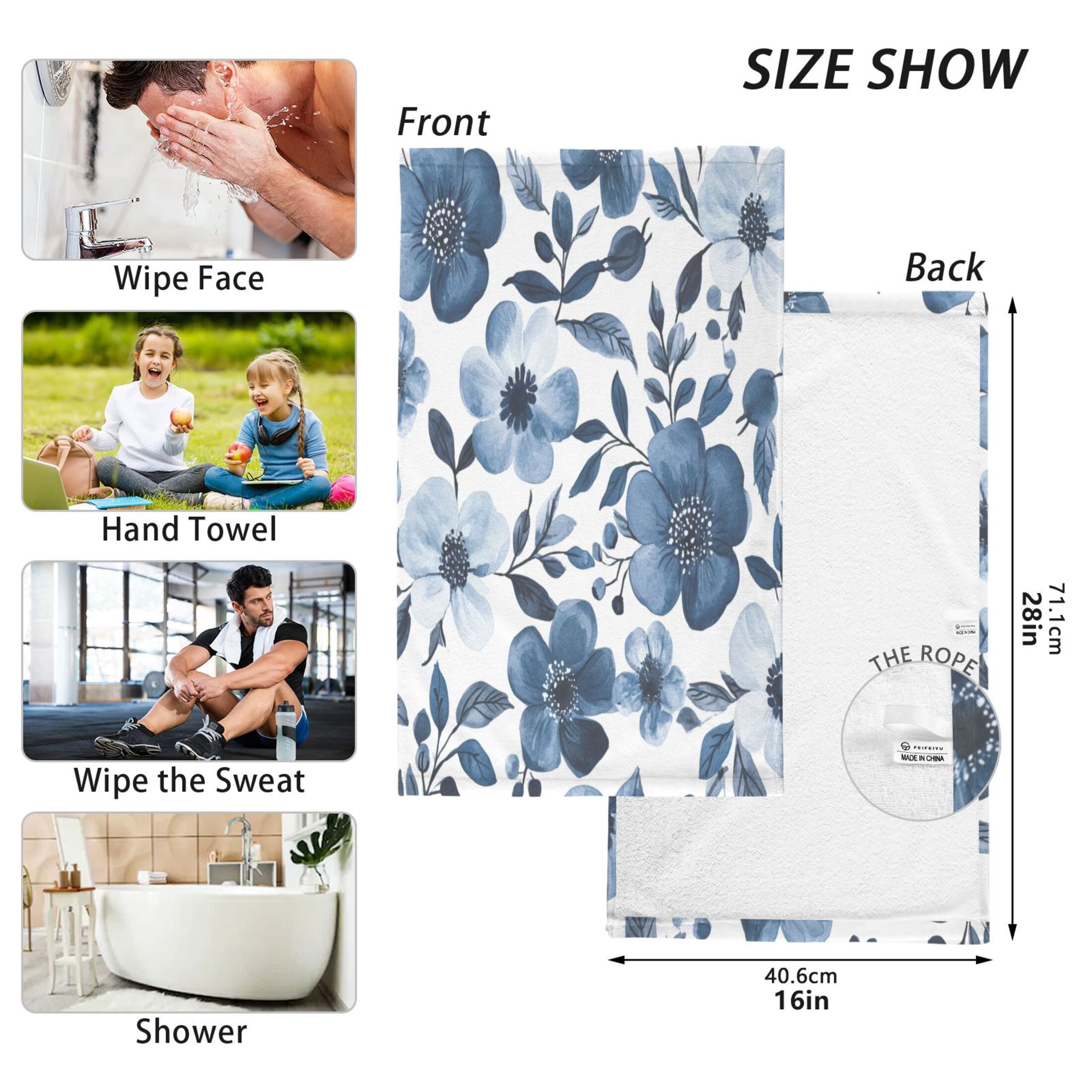 Cotton Towel Two-Piece 16x28 Inch One Sizex2 Face Towel Set Towel Set Cotton Hand Bath Towel Bathroom Beach Beautiful Navy Flowers