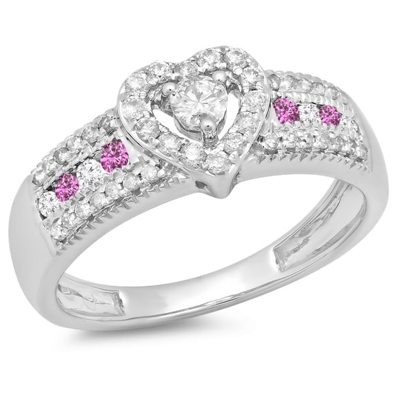 Dazzlingrock Collection 10K Round Cut Pink Sapphire & White Diamond Ladies Bridal Heart Engagement Ring, White Gold, Size 6