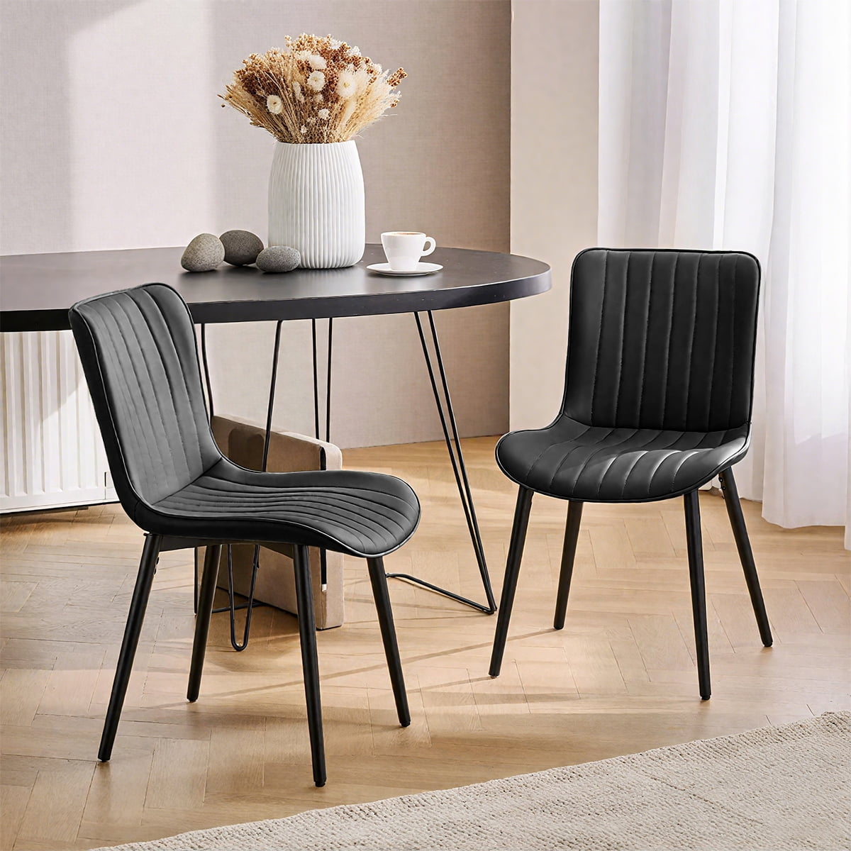 L'AGRATY Modern Dining Chairs Set of 2, High Back PU Leather Upholstered Kitchen Chairs with Cushion - Heavy Duty Metal Legs for Dining Room, Restaurant, Cafe (Black)