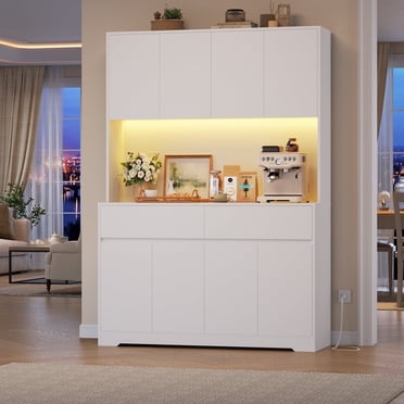 Hiphuta 71"Tall Modern Pantry Cabinet with Charge Station & Led Light, Freestanding Kitchen Hutch Cabinet for Dining Room, White