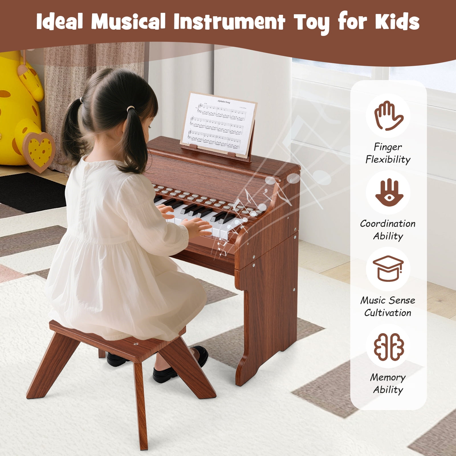 Patiojoy 25 Lighted Keys Kids Piano Keyboard with Stool Mini Digital Piano Wooden Toy Brown