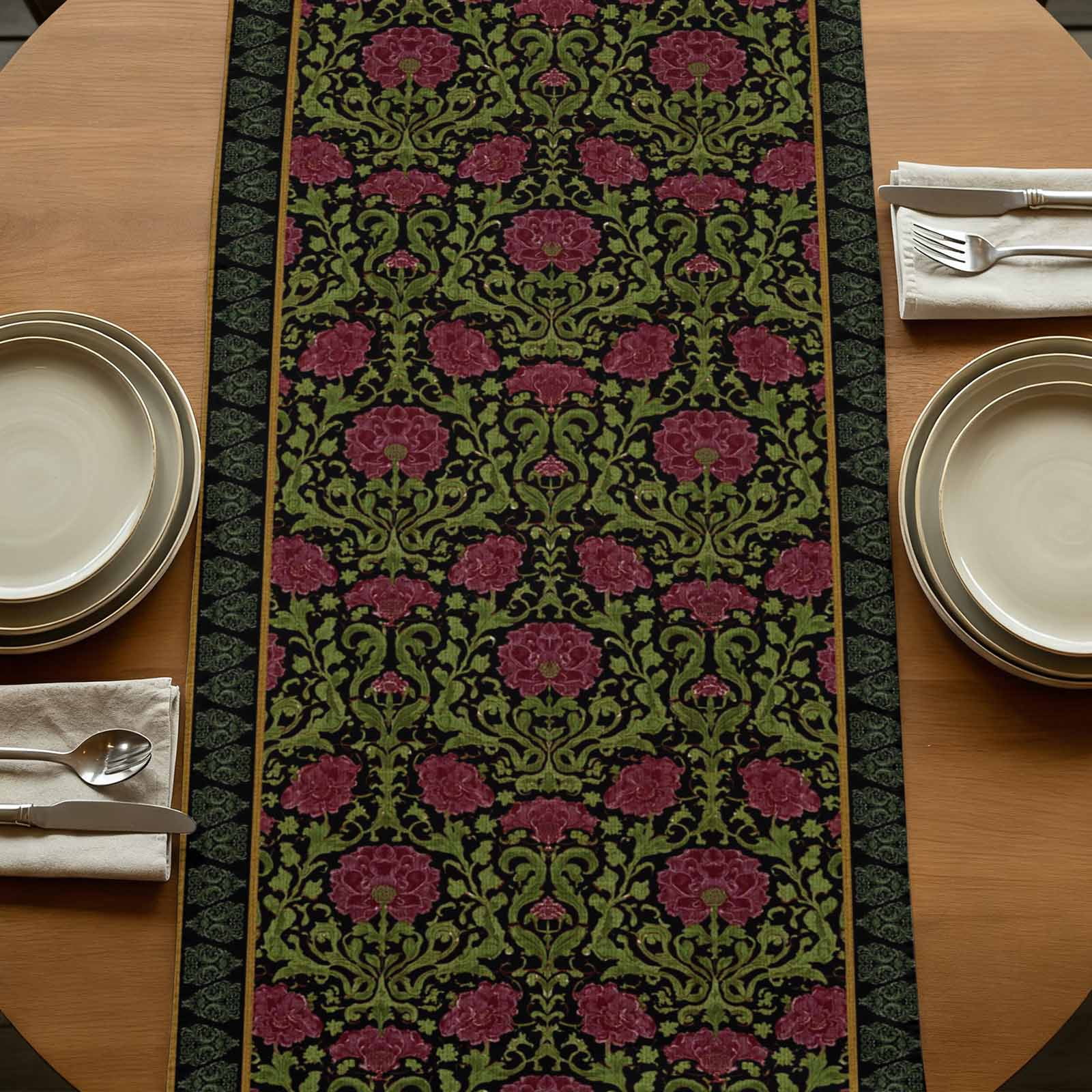 Table Runners 60 Inches Long Dress Scarves, Vintage Red Roses Farmhouse Kitchen/Dining Table Runner, Small Coffee Tablerunners, Abstract Art Floral Green Leaves 13x60 Inch