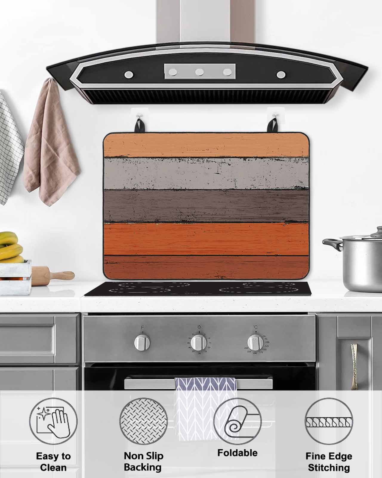 nqOlkjepod Large Induction Cooktop Protector Mat 24"x21", Burnt Orange Grey Stove Top Covers for Electric Stove, Vintage Stripe Farmhouse Wood Grain Stove Burner Cover Mats, Glass Top Stove Cover
