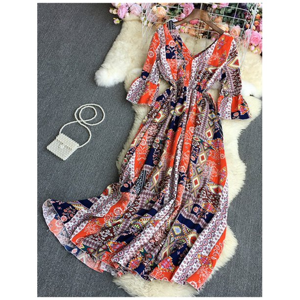 One SizeWomen Spring Dress Temperament V-neck Color Contrast Flare Sleeve Short Sleeve Printed Pleated National Style Vestidos D2455 yaoshenbao LED
