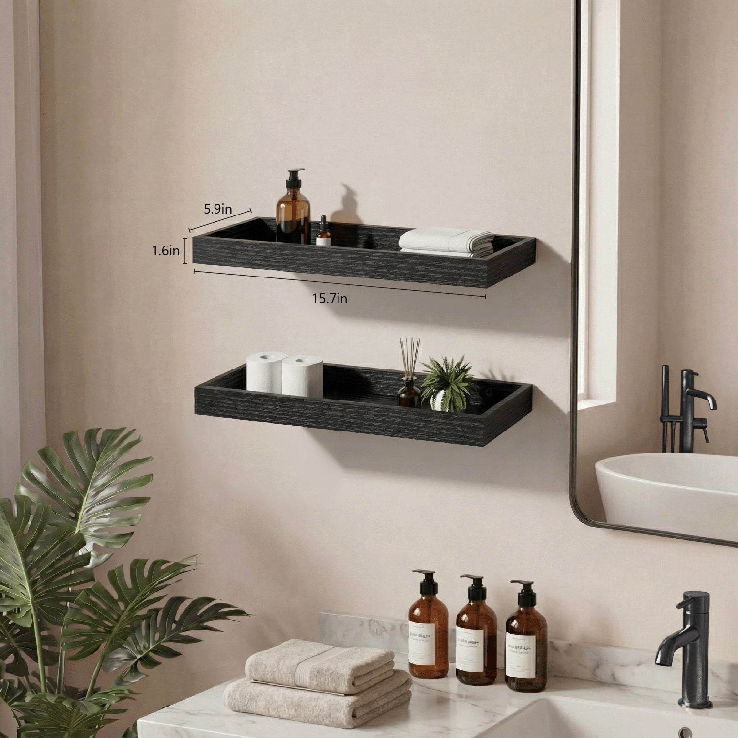Mifurn 15.7" Floating Shelves for Wall, with Raised Lip, Set of 2, Black