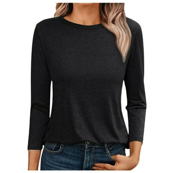 Women's Casual 3/4 Long Sleeve Solid Color T-Shirt - Loose Fit, Crew Neck for Summer