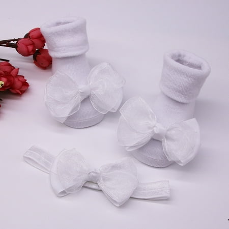 

KEVCHE Baby Infant Socks +1PC Hair Belt Toddler Girls Bow Anti-slip Socks White