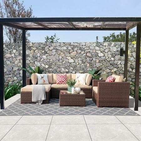 Shingle Covered Patio Outdoor Furniture Sectional Sofa Set (6-Piece Set) All-Weather Brown Wicker with Beige Seat Cushions & Glass Coffee Table & Single Sofa Chair| Patio, Backyard, Pool|Aluminum Frame ()