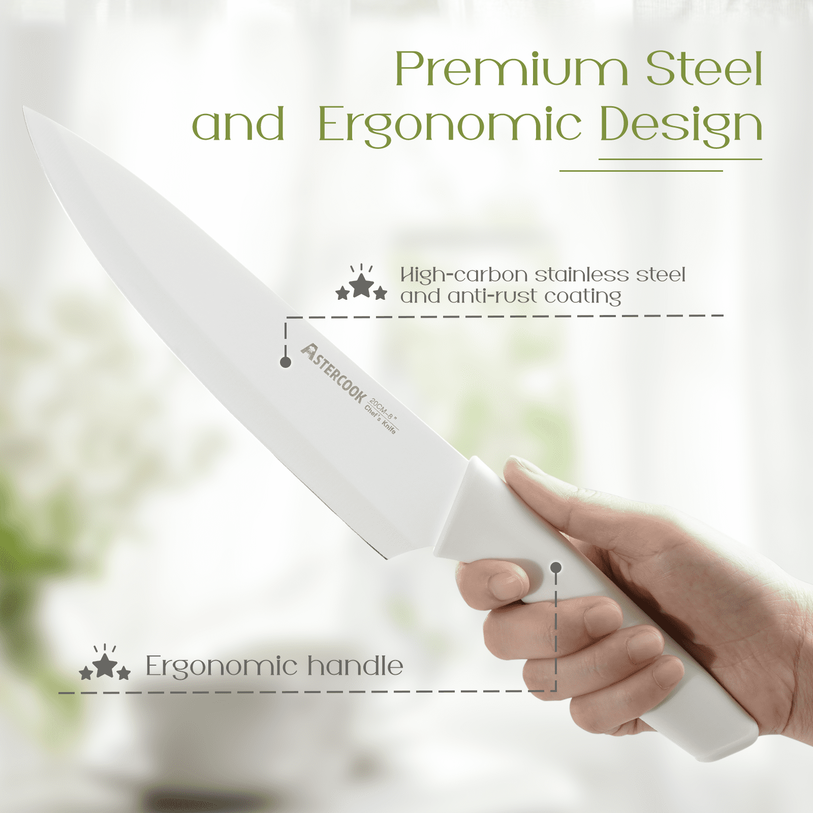 Astercook Knife Set, 14 Pieces Kitchen Knives Set with Healthy Anti-Rust Coating, Stainless Steel Knife Sets with Built-in Sharpener, Sharp & Rust Resistant Dishwasher Safe Bright White