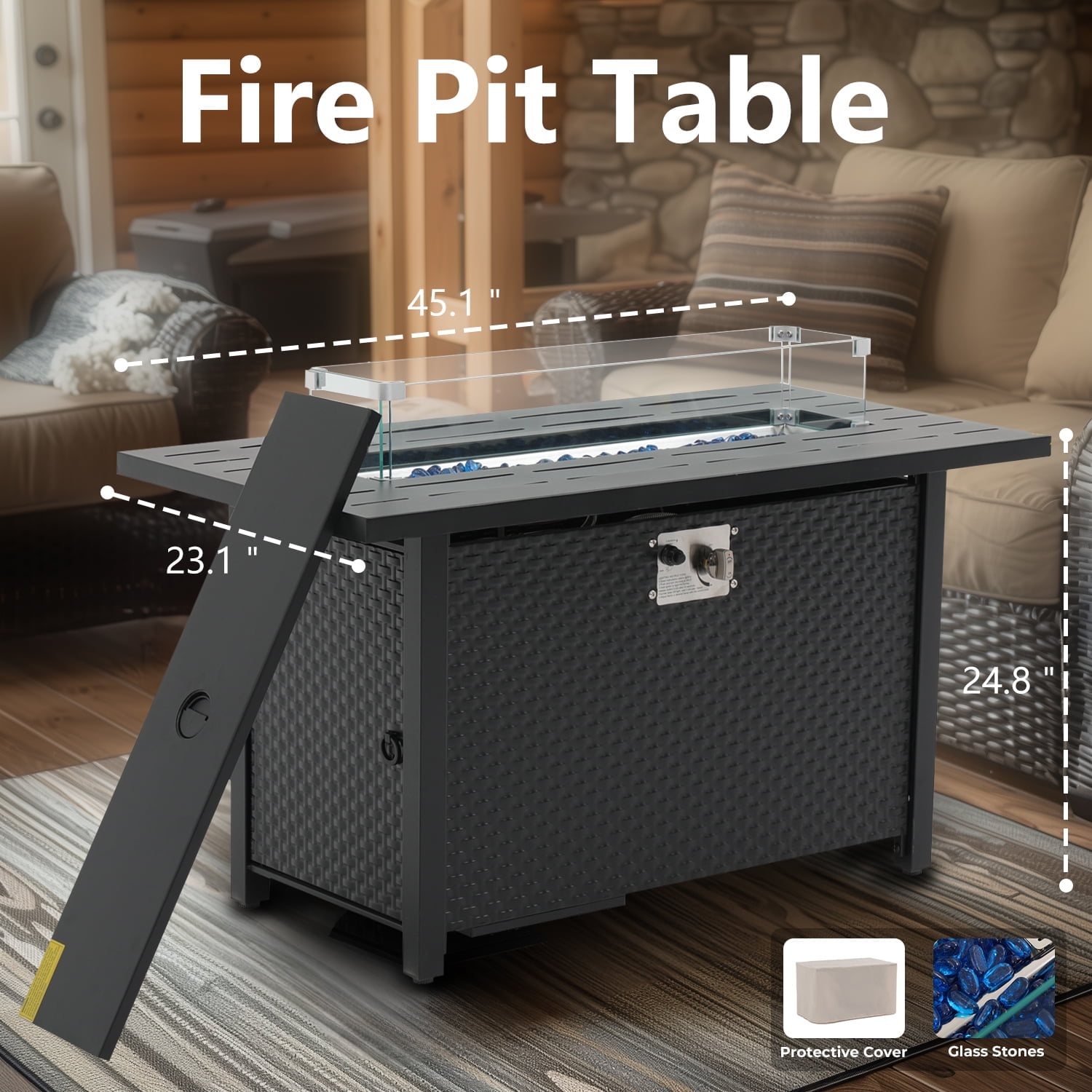 Propane Fire Pit, 45 Inch Gas Fire Pit Table with Lid, Glass Wind Guard, Waterproof Cover, Rectangle Gas Firepit Table, 50000 BTU for Garden, Patio, Deck, Yard