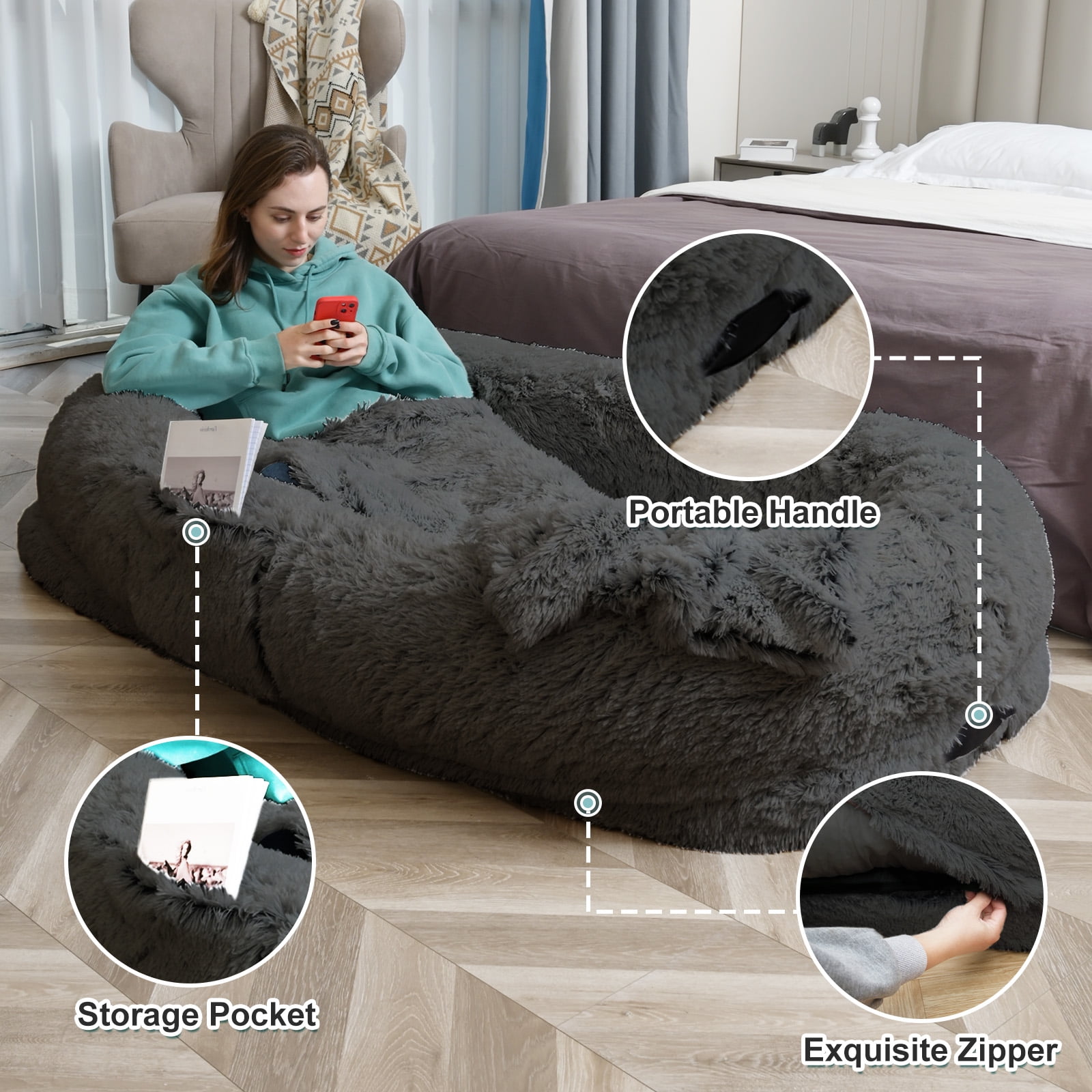 Dokdogs Human Dog Bed for Adults & Pets, 70"x44"x11" Oversized Faux Fur Lounger Bed with Washable Cover, Orthopedic Cushion, Pillow & Blanket, Dark Gray