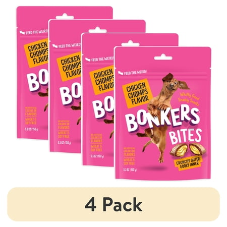 (4 pack) BONKERS Bites Chicken Chomps Flavor Crunchy & Soft Treats for Dogs, 5.3oz Bag