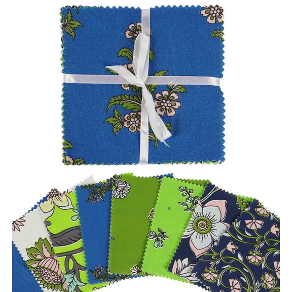 Soimoi Asian Floral PrintPrecut 5-inch CottonFabricQuiltingSquaresCharm Pack DIY Patchwork Sewing Craft- Blue & Green