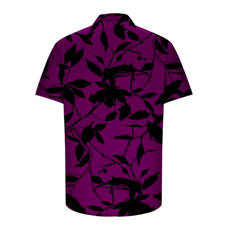 Men Fashion Casual Buttons Hawaii Printing Turndown Short Sleeve Shirt  Blouse SMihono Deals Turndown collar Tees Tops Shirt for Mens Trendy 2024  Purple 6 