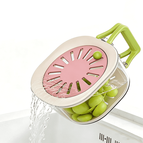 Casa Vibe 1-Piece Fruit and Vegetable Storage Container for Refrigerator, 3-in-1 Veggie Wash Bowl with Filter Lid, Portable Clear Berry Basket for Kitchen & Travel, Green & Pink