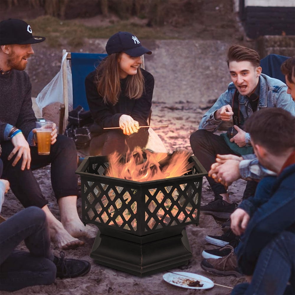 26 Inch Outdoor Fire Pit with Mesh Screen and Poker Hex Shaped Metal Wood Burning Bonfire Pit for Outdoor Camping Patio Backyard Garden, Portable Fire Pit with Handle, Cutouts, 26