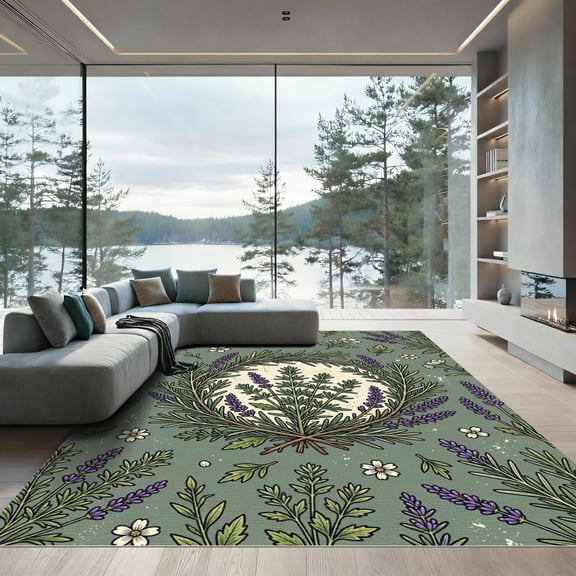 ODIKA 4'x6' Machine Washable Non-Slip Area Rug, Cottagecore Sage Green High Traffic Rug, Green, 1267392