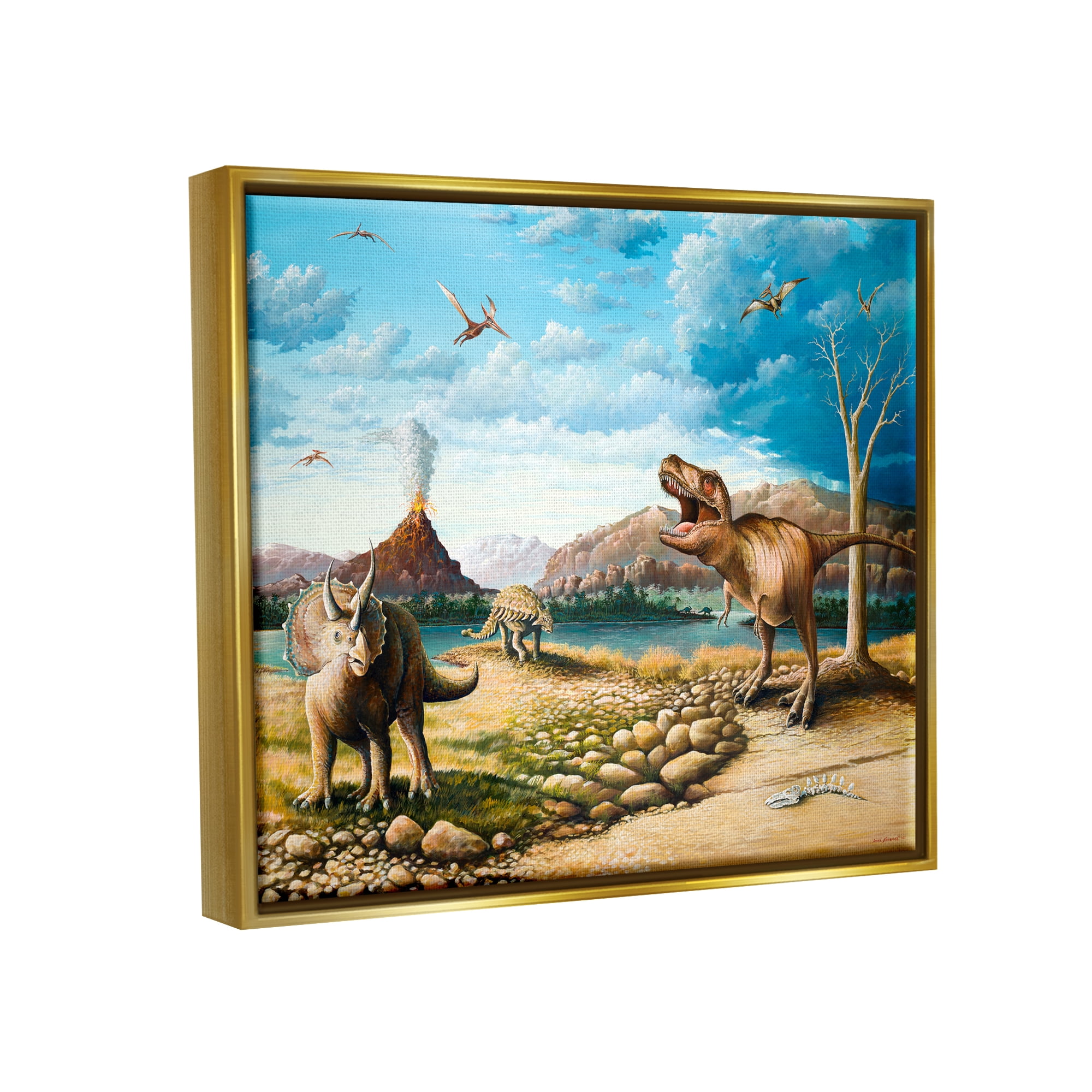 Stupell Ancient Dinosaurs Landscape Animals & Insects Painting Gold Floater Framed Art Print Wall Art