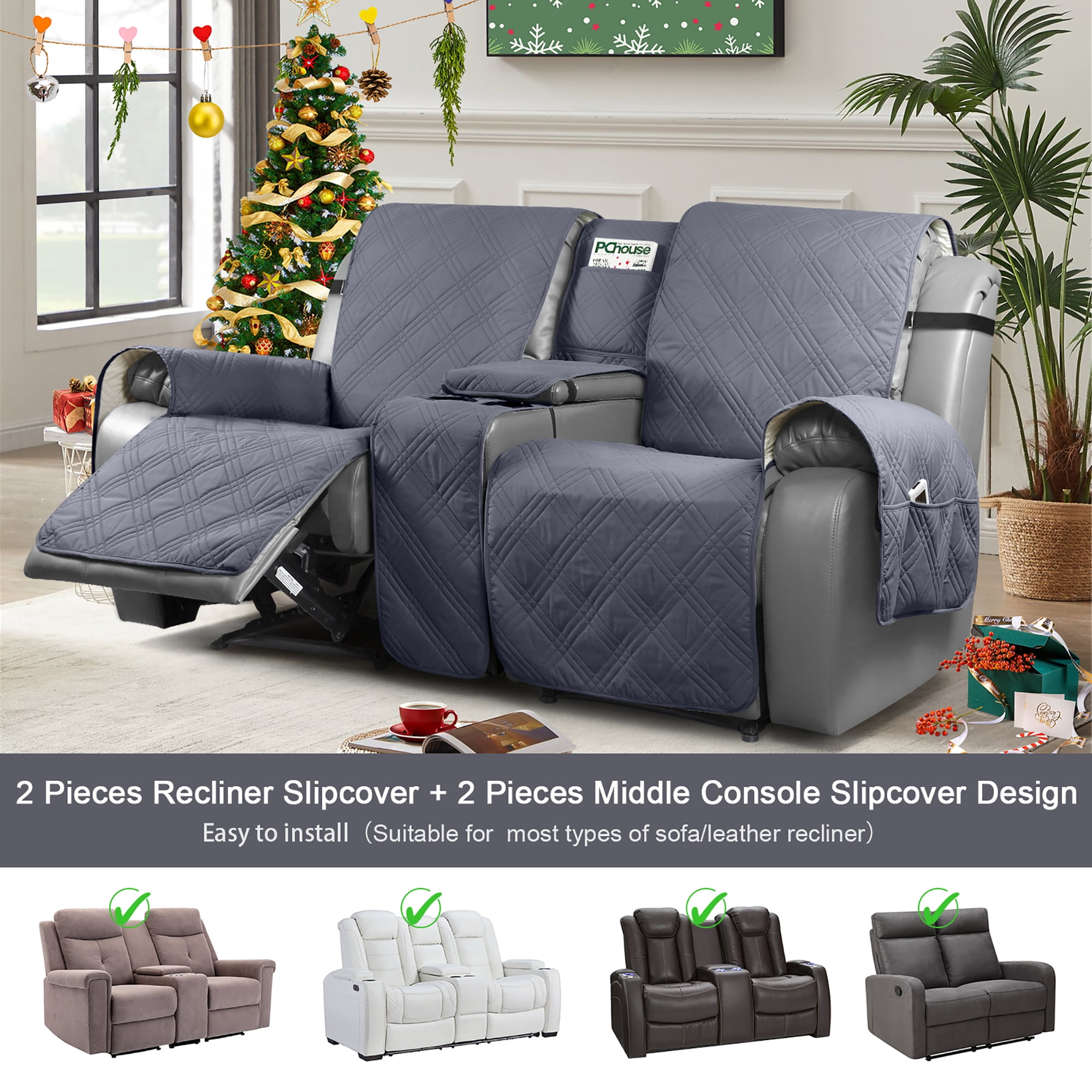 TAOCOCO Waterproof Loveseat Recliner Cover with Console, Non-Slip Pet Slipcover for Dual Loveseat Recliner Split Reclining Loveseat Cover,Dark Gray