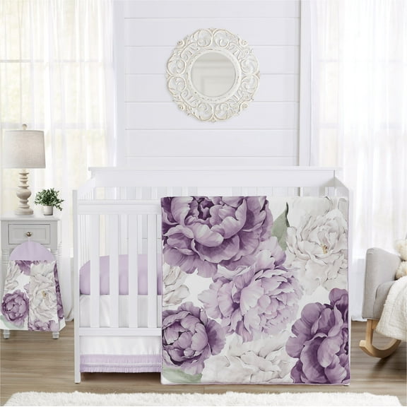 Sweet Jojo Designs Peony Floral Garden Purple Ivory 4 Piece Crib Bedding Set