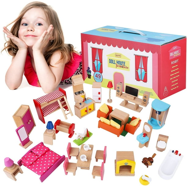 Wooden Dollhouse Furniture Set 49Piece Kit, 7 Rooms, 112 Scale Doll House Bathroom, Dining