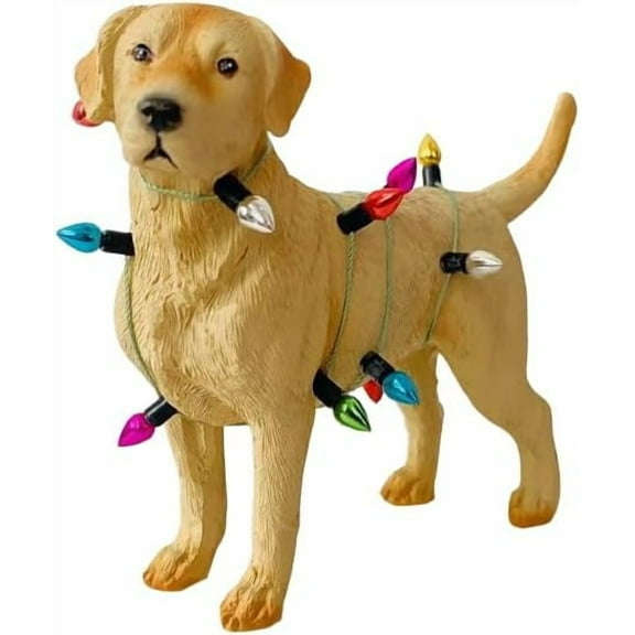 Labrador Dog Wrapped in Christmas Lights Ornament Animal Resin Figurine, Ideal Gifts for Dog Lovers (Yellow)