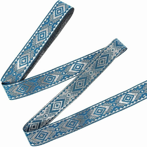 7.7 Yards Blue Ethnic Jacquard Ribbon Metallic Sliver Boho Embroidered Woven Fabric 3/4 inch Rhombus Sewing Trim Fringe Decor Trim for DIY Clothing Curtain Embellishment