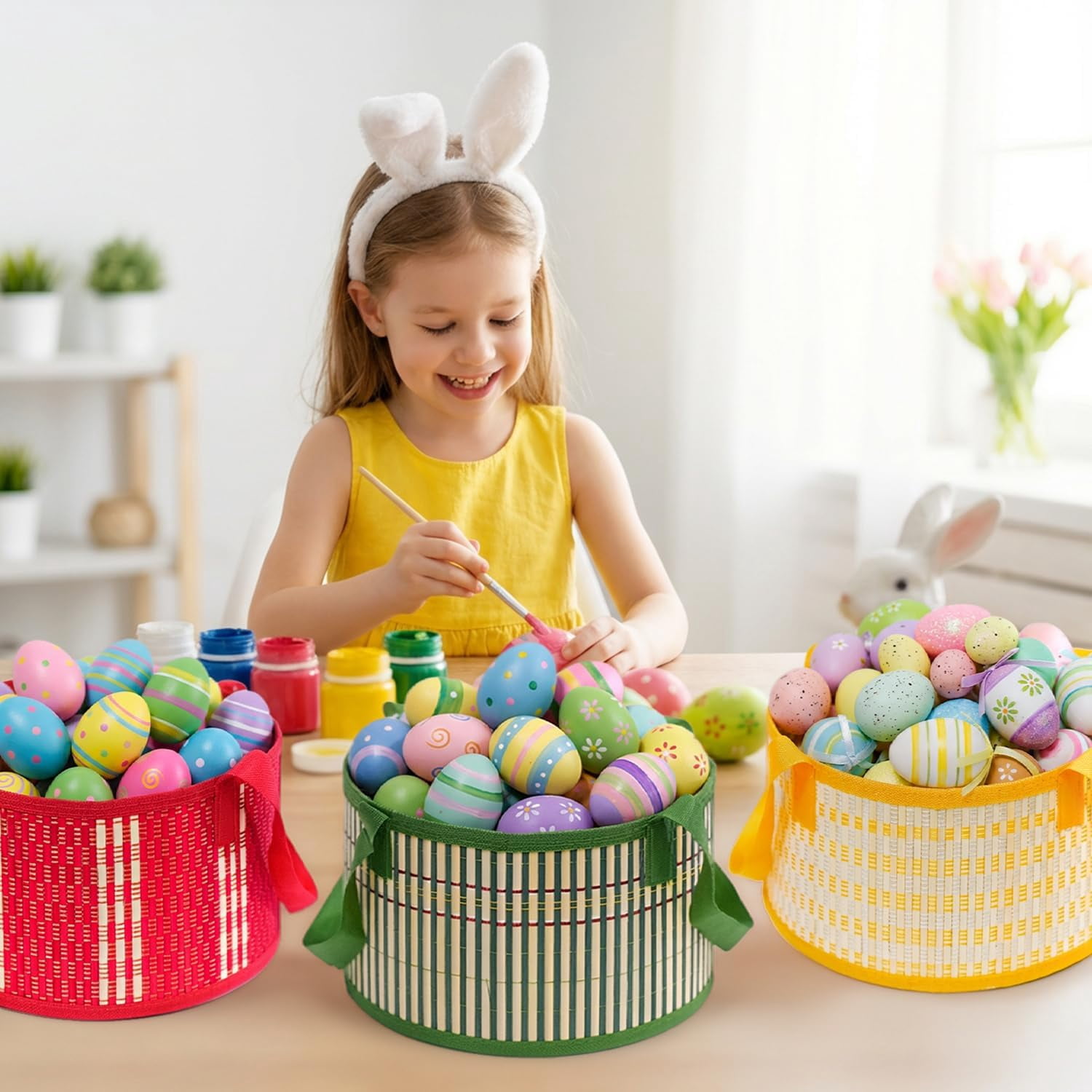 4 Pcs Easter Basket Bulk Set with Handle, Foldable Woven Bamboo Baskets Empty, Large Easter Baskets for Easter Egg Hunt Party Favor for Picnic, Gift Packing