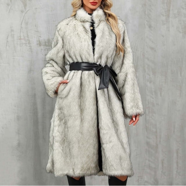 Pincandy Womens Long Faux Fur Coat Oversized Loose Winter Jackets Trendy Trench Coat 2025 Open Front Lapel Outerwear