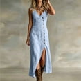 thumbnail image 4 of SAWOBUUN Womens Summer Cotton Maxi Dress Sleeveless V Neck High Waist Button Down Long Dress Side Slit for Beach Vacation, 4 of 9