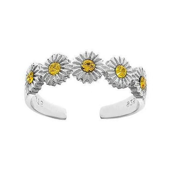 JewelStop 925 Sterling Silver Yellow CZ Flower Adjustable Toe Ring