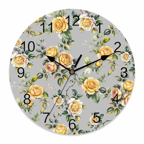 Wall Clock Yellow Rose Clocks PVC Silent Non-Ticking Battery Operated Decorative Leaf Floral Vintage Style Round Clock for Home Living Room Kitchen Bedroom Office School Wall Decor 14 Inch