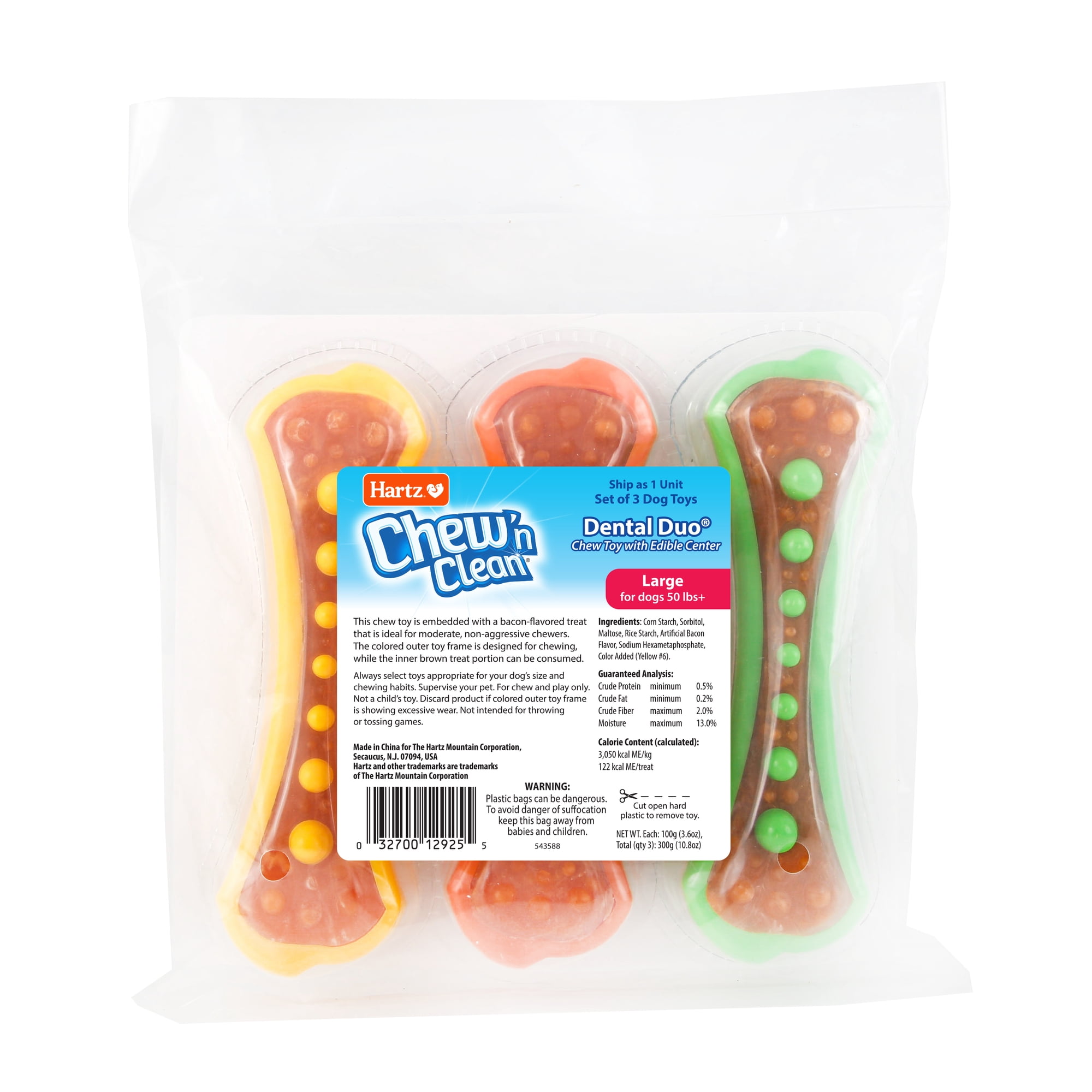 Hartz Chew 'n Clean Dental Duo Dog Treat & Chew Toy, Bacon Flavored, Color Varies, Large, 3 Pack