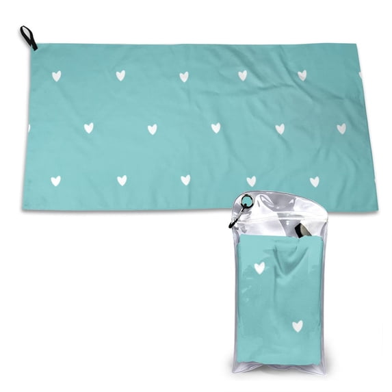 YFYANG Adult Microfiber Portable Travel Towel, Blue Heart Pattern Quick Dry Towel with Hiking Buckle PVC Pouch, 16" x 31.5"