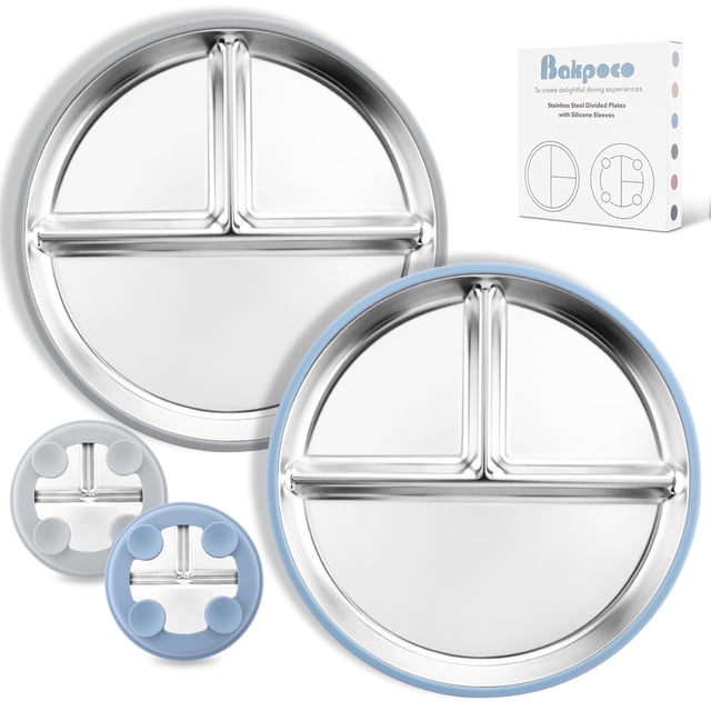 Plato para niños pequeños Bakpoco de acero inoxidable con ventosa de 23 cm, azul y gris