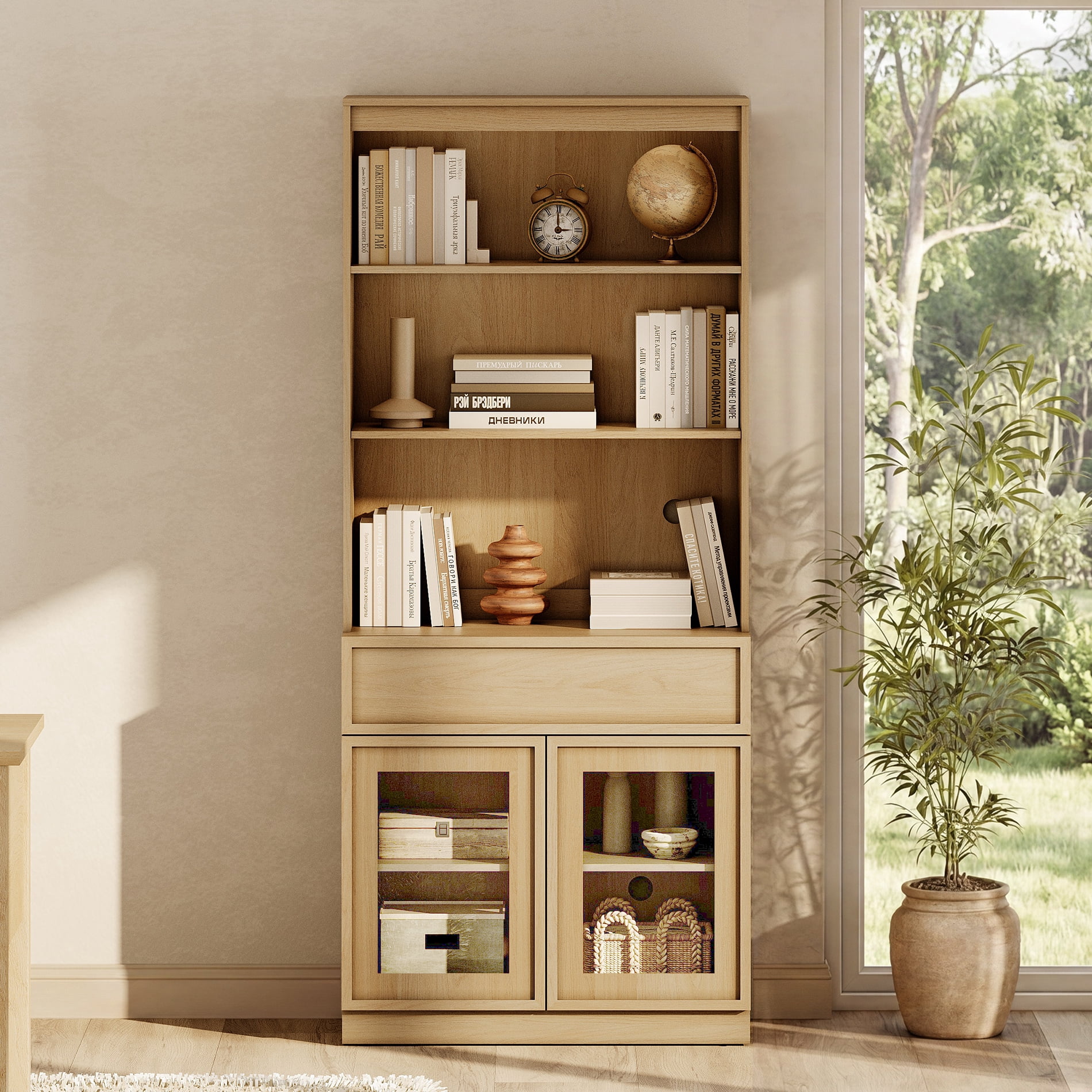 Modern 72" Tall Bookshelf with Glass Doors & Drawers, Library Bookcase with Storage Cabinet and Open Shelves,Oak