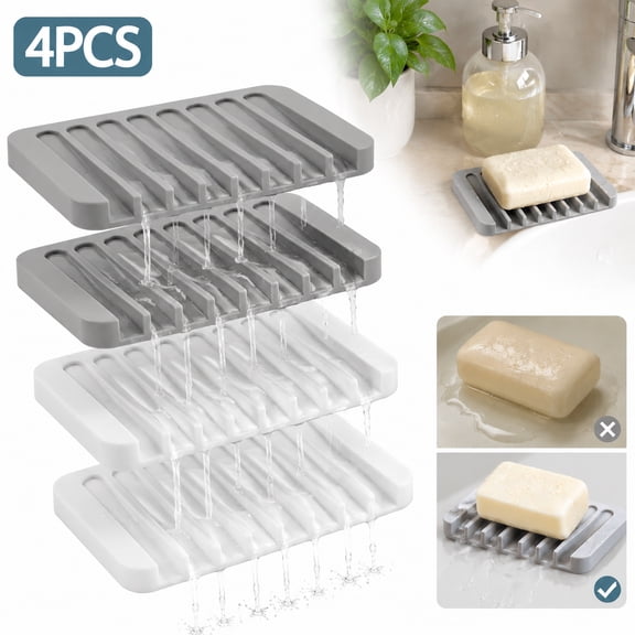 Deally 4 Pcs Silicone Soap Saver, Self Draining Soap Dishes, Waterfall Drainer Soap Holder for Bathroom, Extend Soap Life, Keep Soap Bars Dry Clean (White, Gray)
