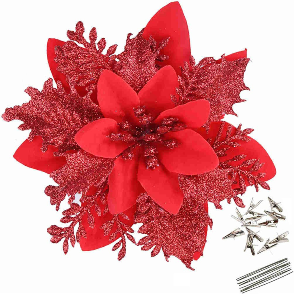 Set of 5 Poinsettia Artificial Flowers Assorted Glitter Silk Flower