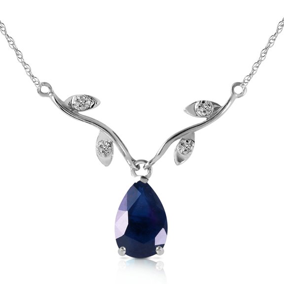 Galaxy Gold 14K Solid White Gold 14" Necklace with 1.52 CTW Genuine Diamonds and Pear-Shaped Natural Sapphire, 14"-24" Sizes, September Birthstone, Symbol of Wisdom