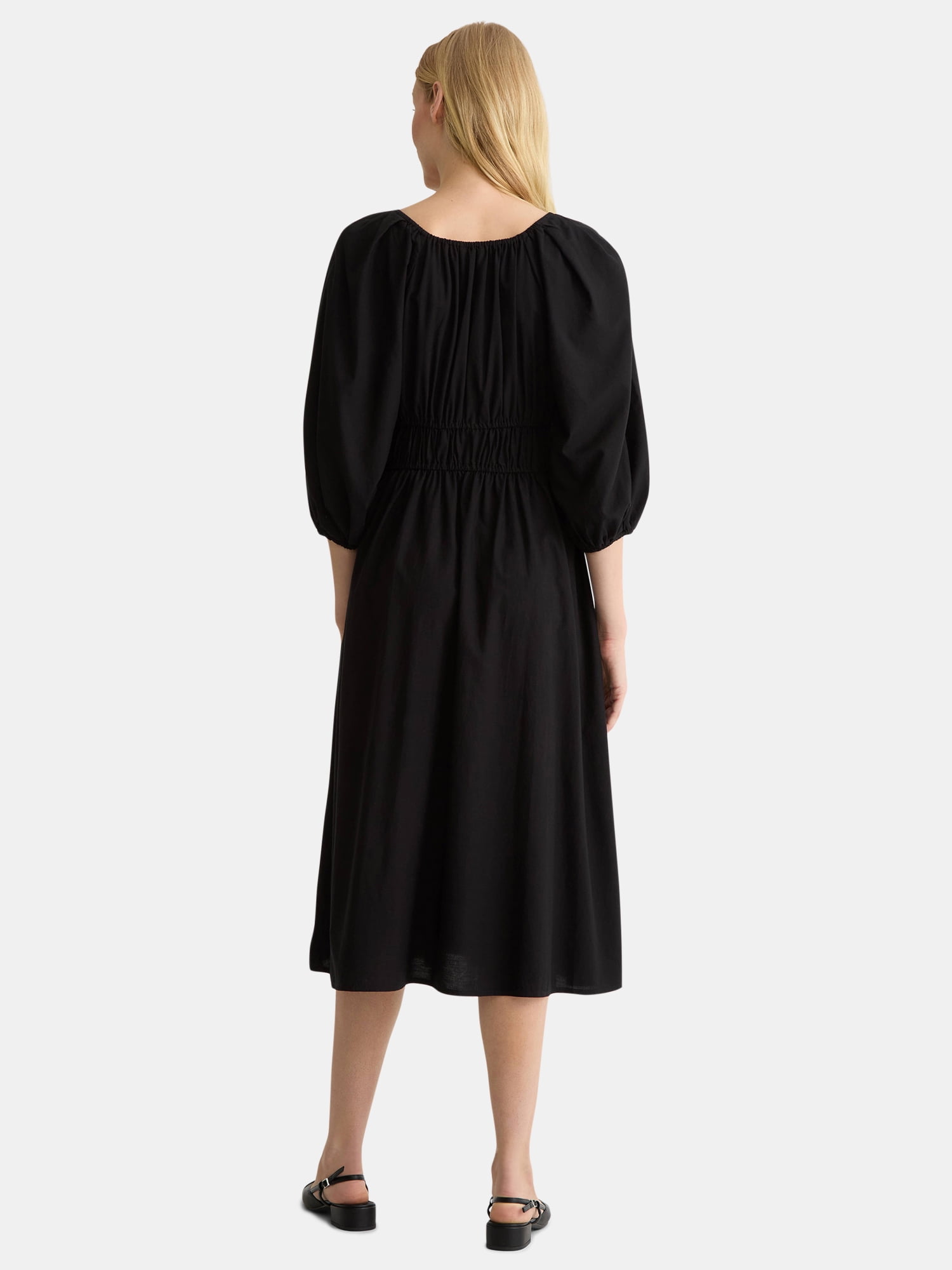 Time and Tru Women's Cinch Waist Midi Dress with Puff Sleeves, Sizes XS-XXXL