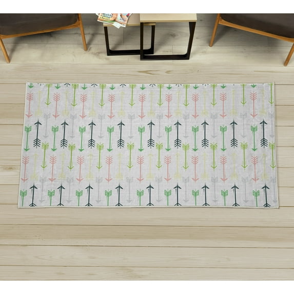 Boho Decorative Rug, Retro Arrow Pattern in Horizontal Line Heading to Opposite Directions Art, Quality Carpet for Bedroom Dorm and Living Room, 6 Sizes, Lime Green Multicolor, by Ambesonne