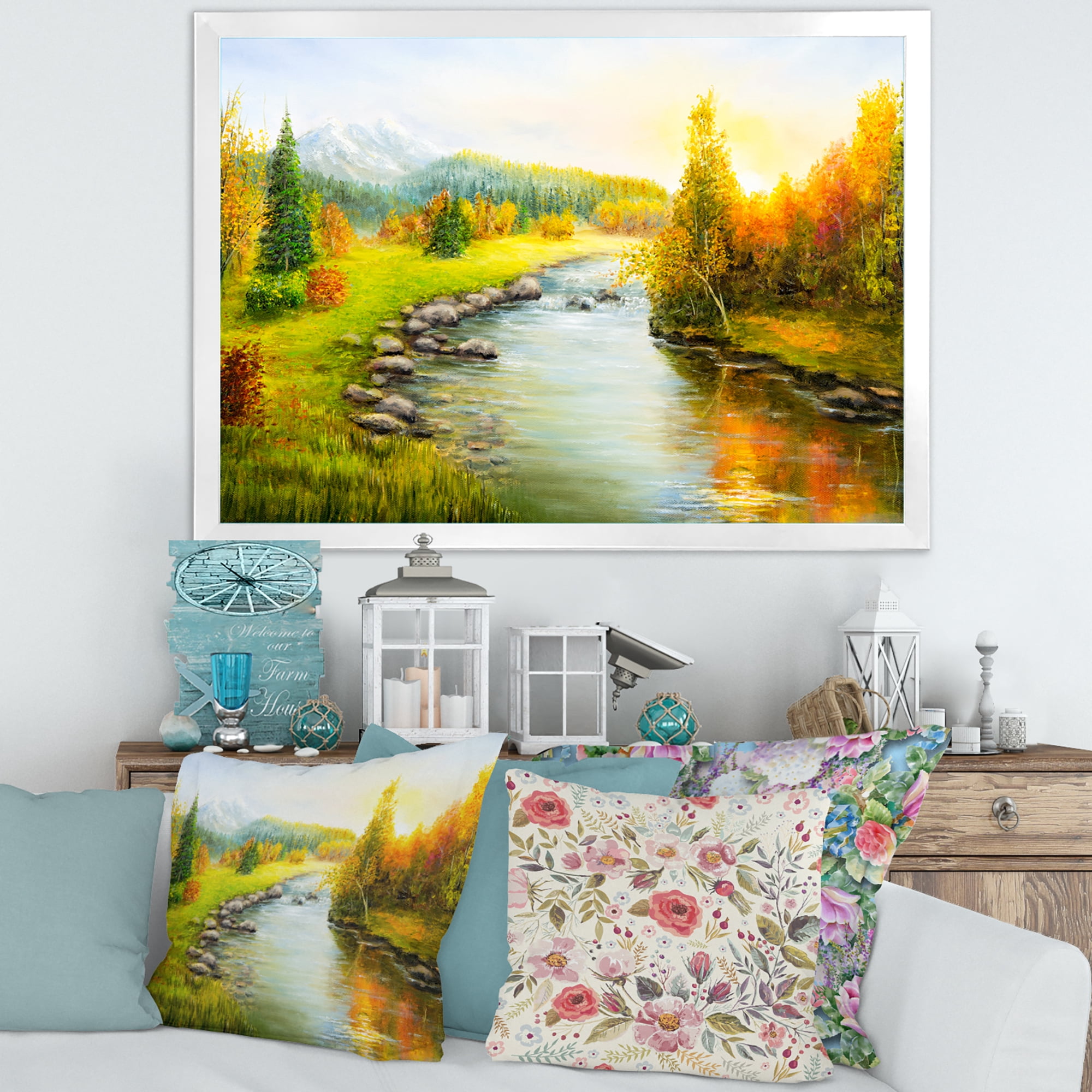 Designart 'Autumn Landscape With Forest River and Mountains' Lake House Framed Art Print