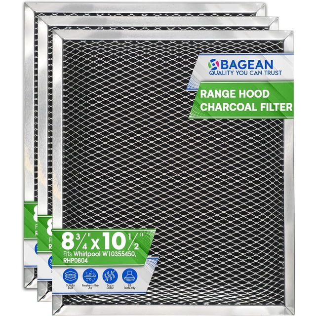 Range Hood Filter Replacement for 8.78” x 10.48” W10355450 Charcoal Whirlpool vent hood filter - Carbon Filter for Exhaust Fan - Filters Kitchen Odors for Ductless Vent Hoods (3 Pack)