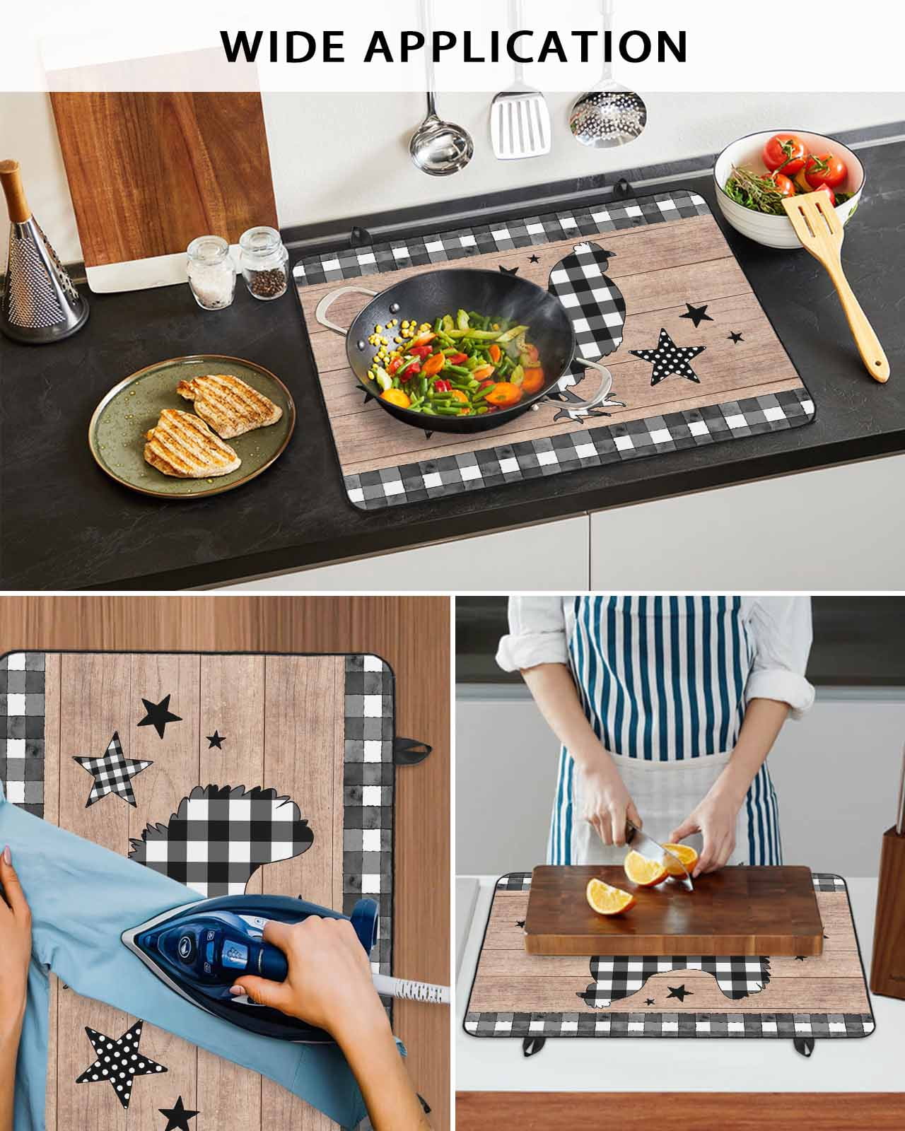Large Induction Cooktop Protector Mat Chicken Hen Stove Top Covers for Electric Stove, Rooster Animals Farmhouse Plaid Brown Wooden Grain Decorative Stove Burner Cover Mats, Glass Top Stove Cover