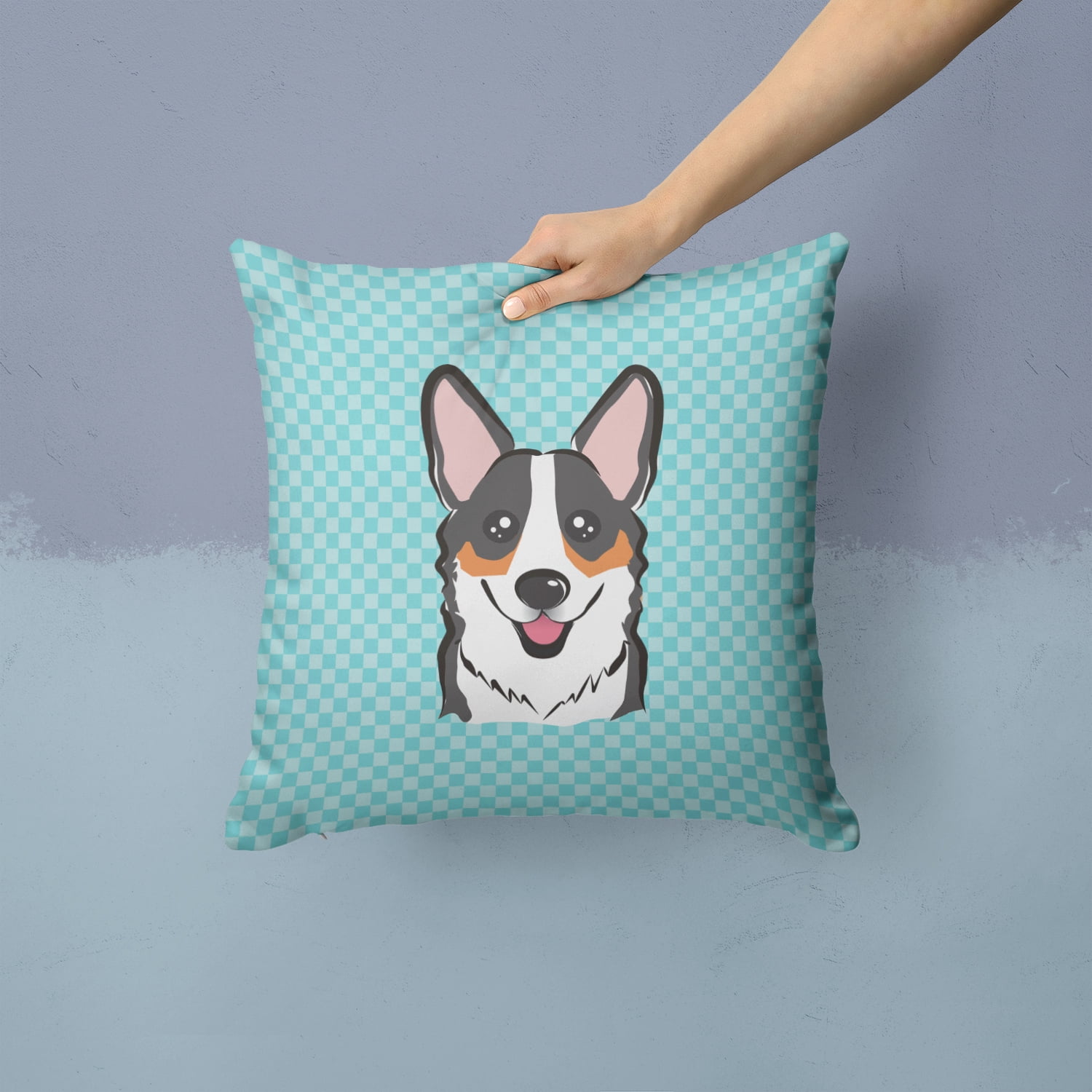 Checkerboard Blue Corgi Fabric Decorative Pillow