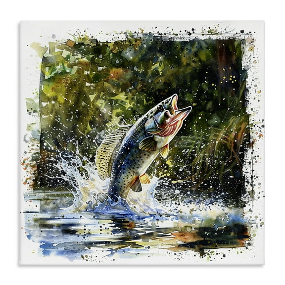 Stupell Industries Splashing Lake Bass Animals Painting Wrapped Canvas Art Print Wall Art, 17 x 17